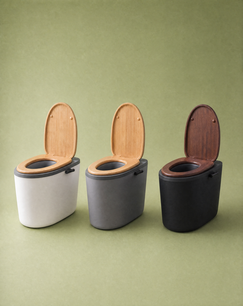 Virro Renew Compost Toilets displayed in all three colors of white, grey, and black.