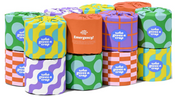 Twelve novelty toilet paper rolls wrapped in colorful patterned paper, arranged in a stack on a white background. Each roll has a blue circular label that reads 'who gives a crap'.