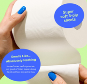 A close-up of hands holding a roll of toilet paper against a light green background, with two blue circular callouts containing text: 'Super soft 3-ply sheets' and 'Smells Like.