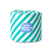 A novelty toilet paper roll wrapped in diagonal teal and white stripes, featuring a blue circular sticker that reads 'who gives a crap' in white text, set against a plain white background.