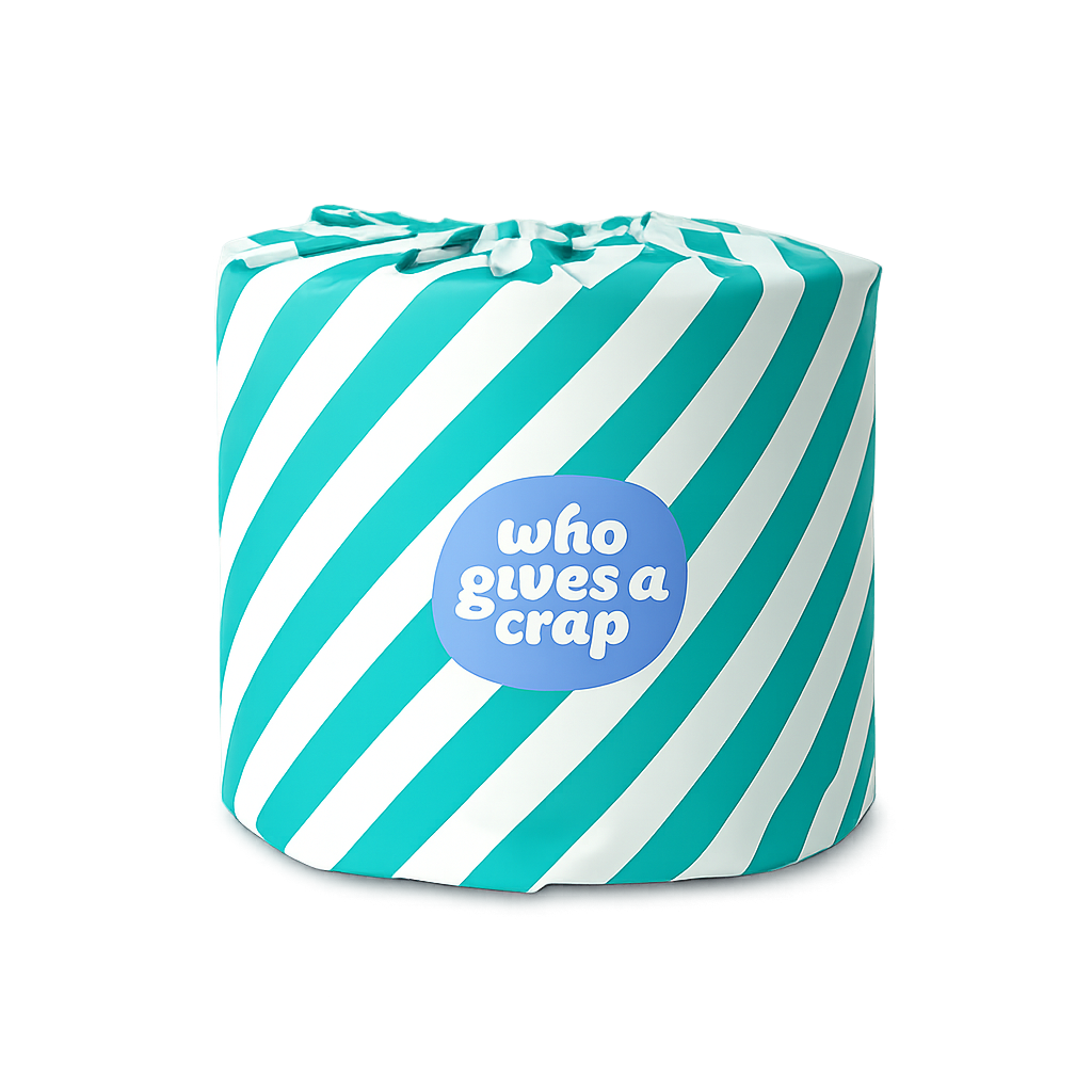 A novelty toilet paper roll wrapped in diagonal teal and white stripes, featuring a blue circular sticker that reads 'who gives a crap' in white text, set against a plain white background.