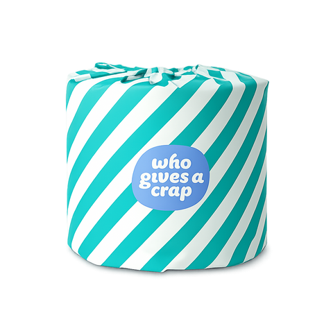 A novelty toilet paper roll wrapped in diagonal teal and white stripes, featuring a blue circular sticker that reads 'who gives a crap' in white text, set against a plain white background.