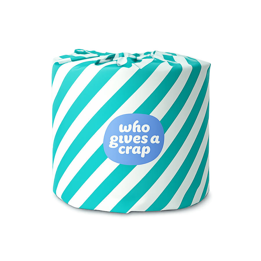 A novelty toilet paper roll wrapped in diagonal teal and white stripes, featuring a blue circular sticker that reads 'who gives a crap' in white text, set against a plain white background.